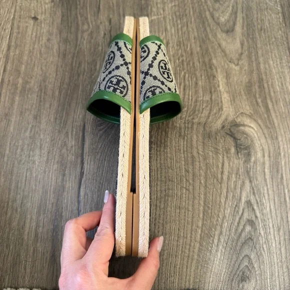 Tory Burch T monogram sandals Green and Beige Women's Slides espadrille size 8.5 - Picture 11 of 13